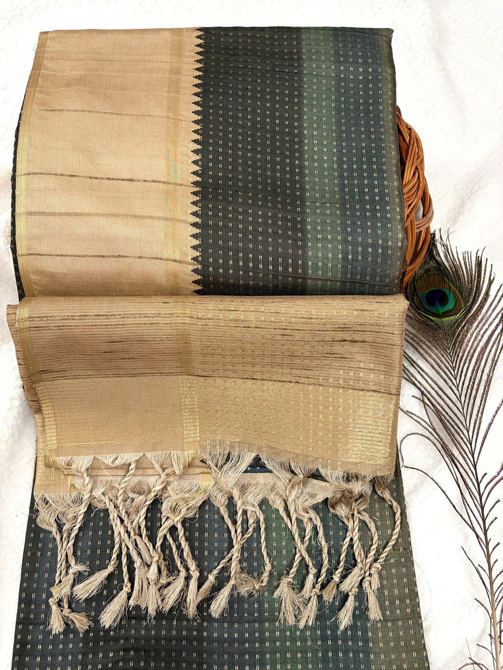 Zari Butta Semi Tussar Saree in bottle green and grey stripes with beige temple border and tassels