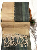 Zari Butta Semi Tussar Saree in bottle green and grey stripes with beige temple border and tassels