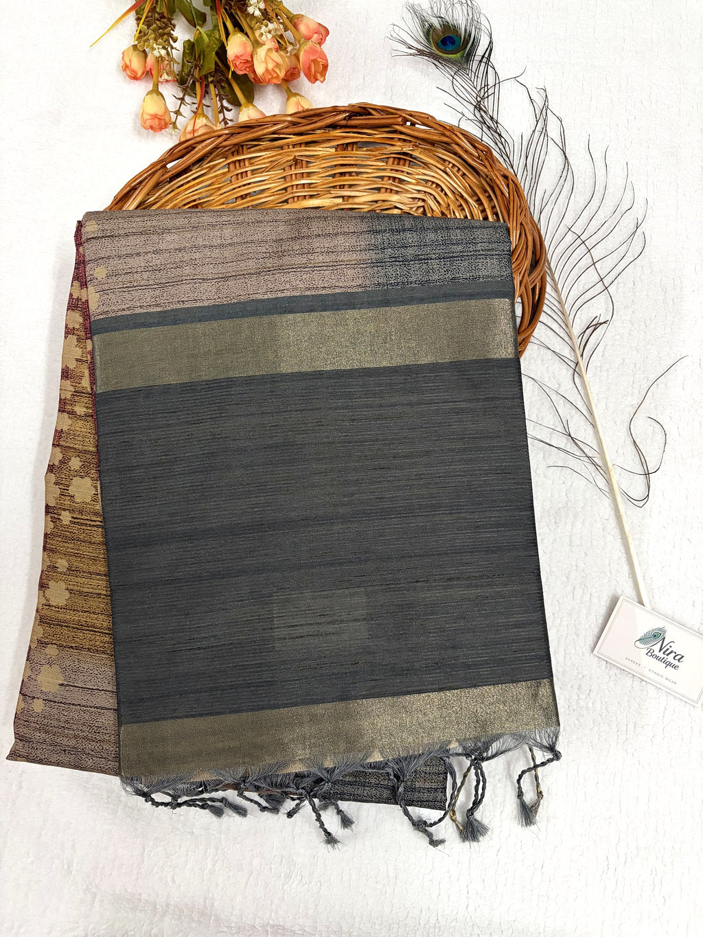 Semi Desi Tussar Saree – Grey