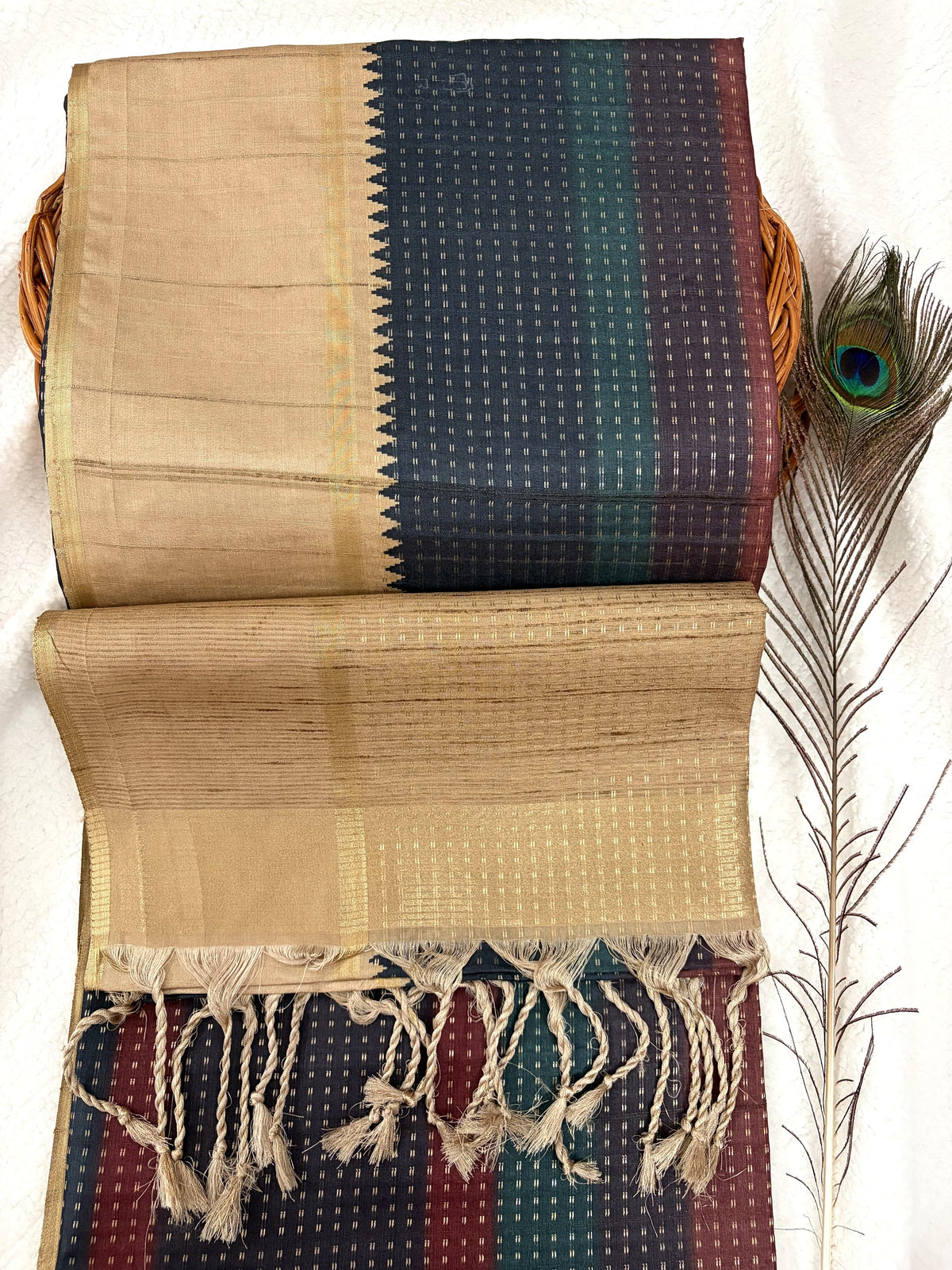 Zari Butta Semi Tussar Saree in multicolour stripes with beige temple border and tassels