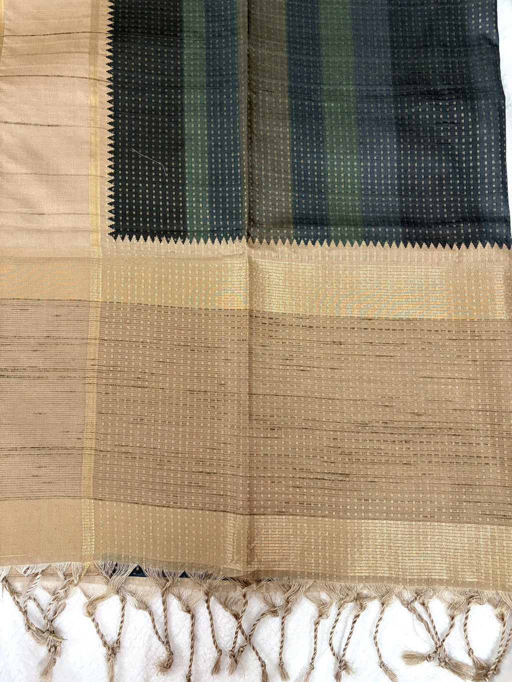Bottle green grey semi tussar saree beige pallu with zari bands