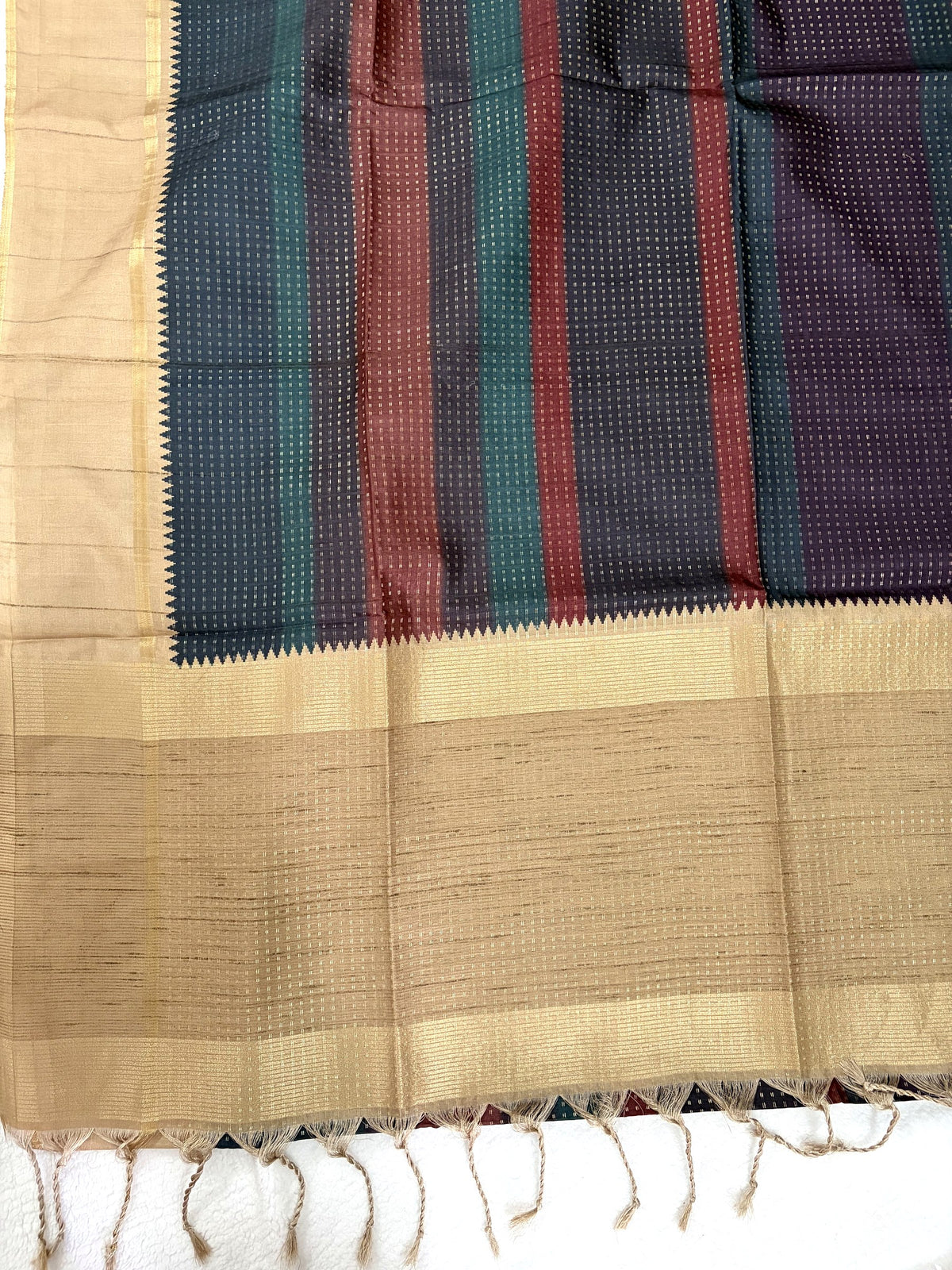 Multicolour stripe semi tussar saree beige pallu with zari bands