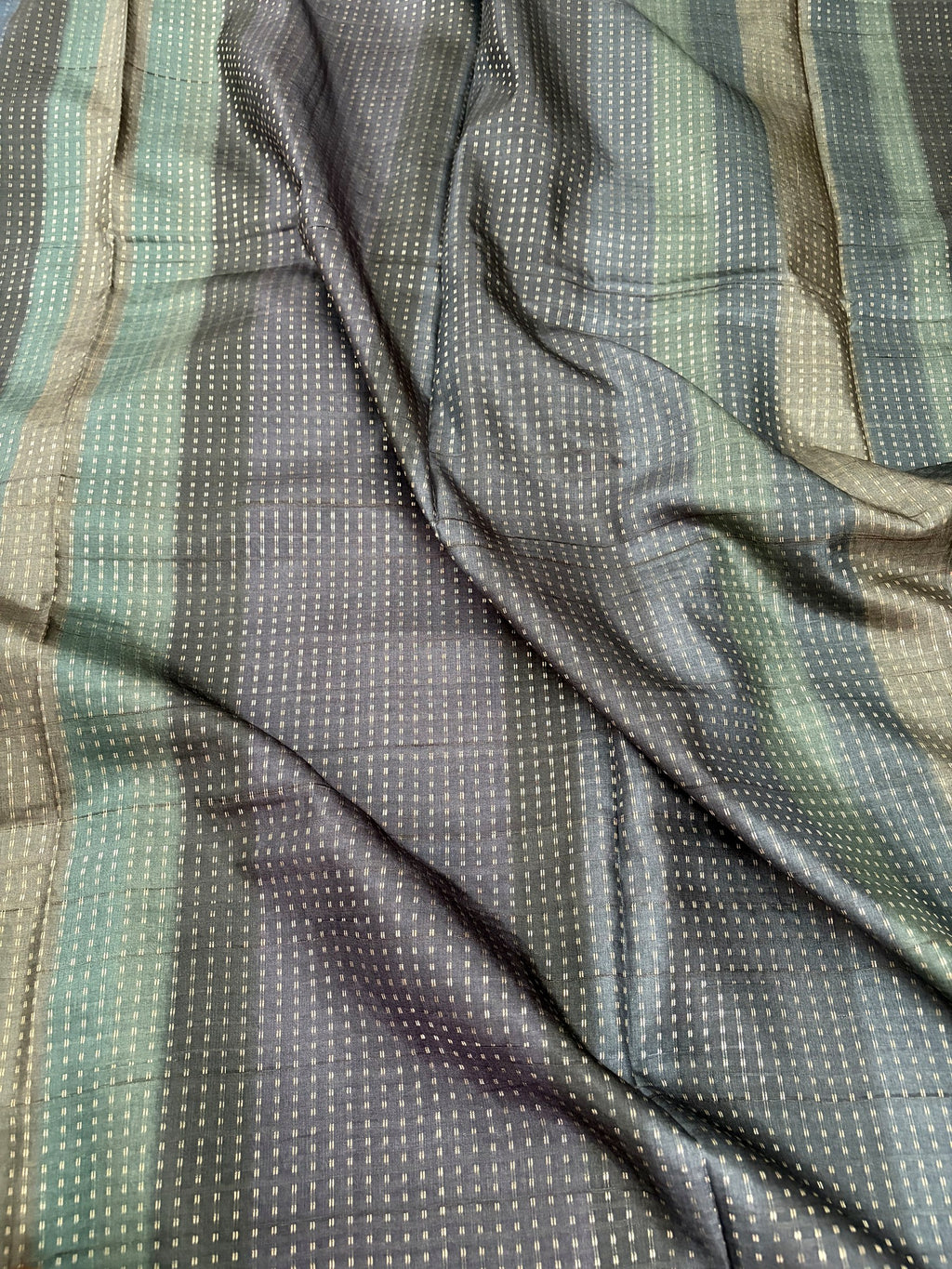 Bottle green grey semi tussar saree body with zari butta