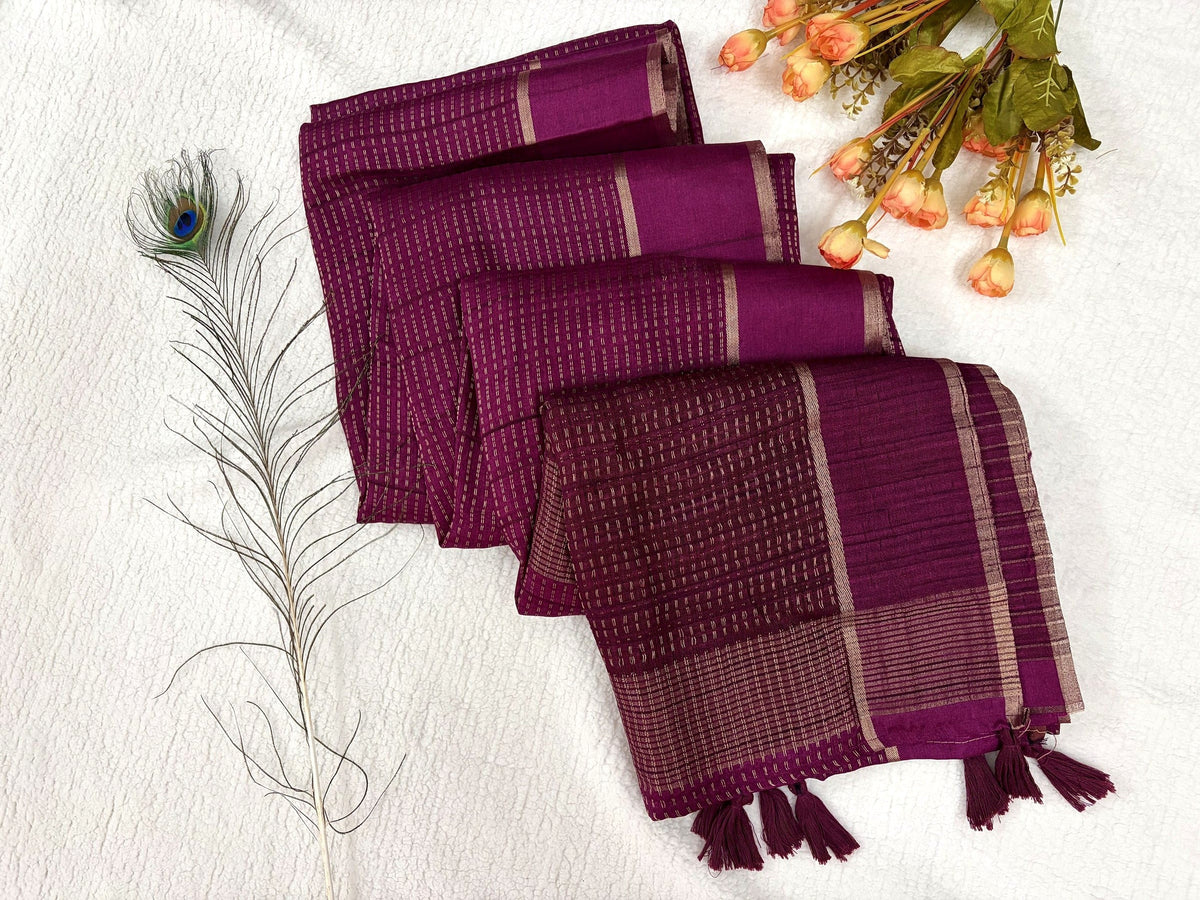 Raas Matka Silk Saree in Wine Magenta with zari checks and tassels