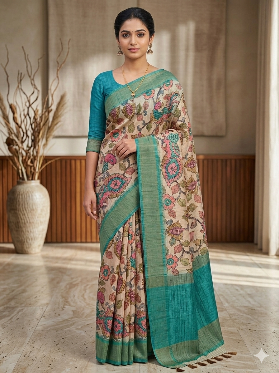 Beige Kalamkari Linen Saree
