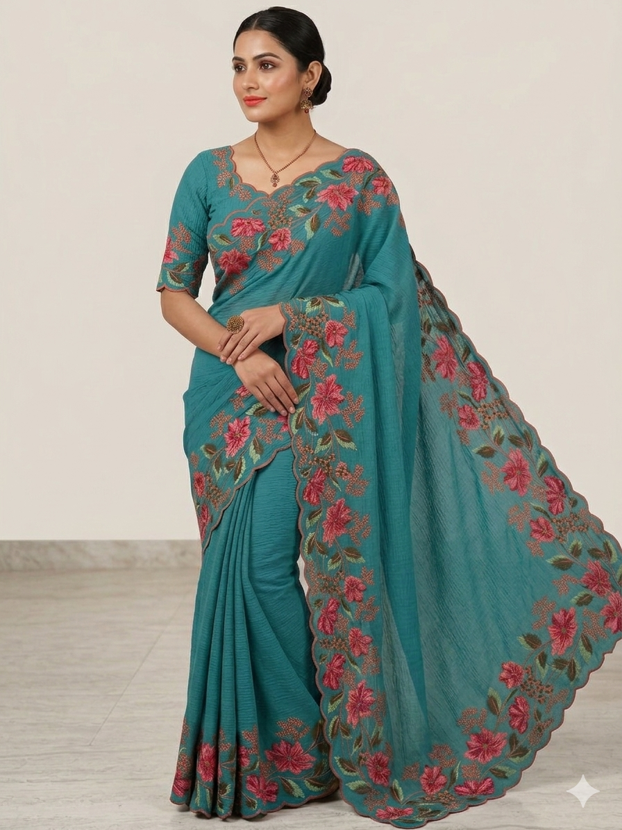 Teal Embroidered Designer Saree