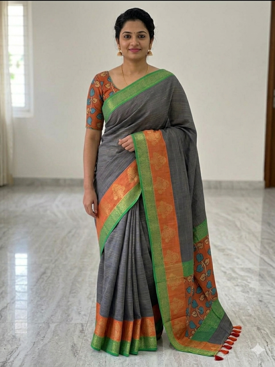 Grey Zari Cotton Saree