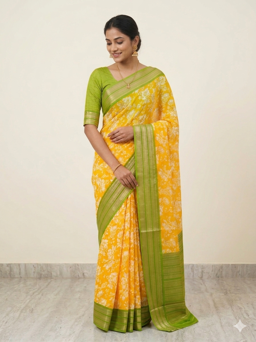 Mustard Floral Lightweight Saree