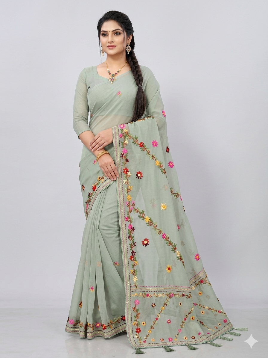 Pastel Floral Tassel Saree