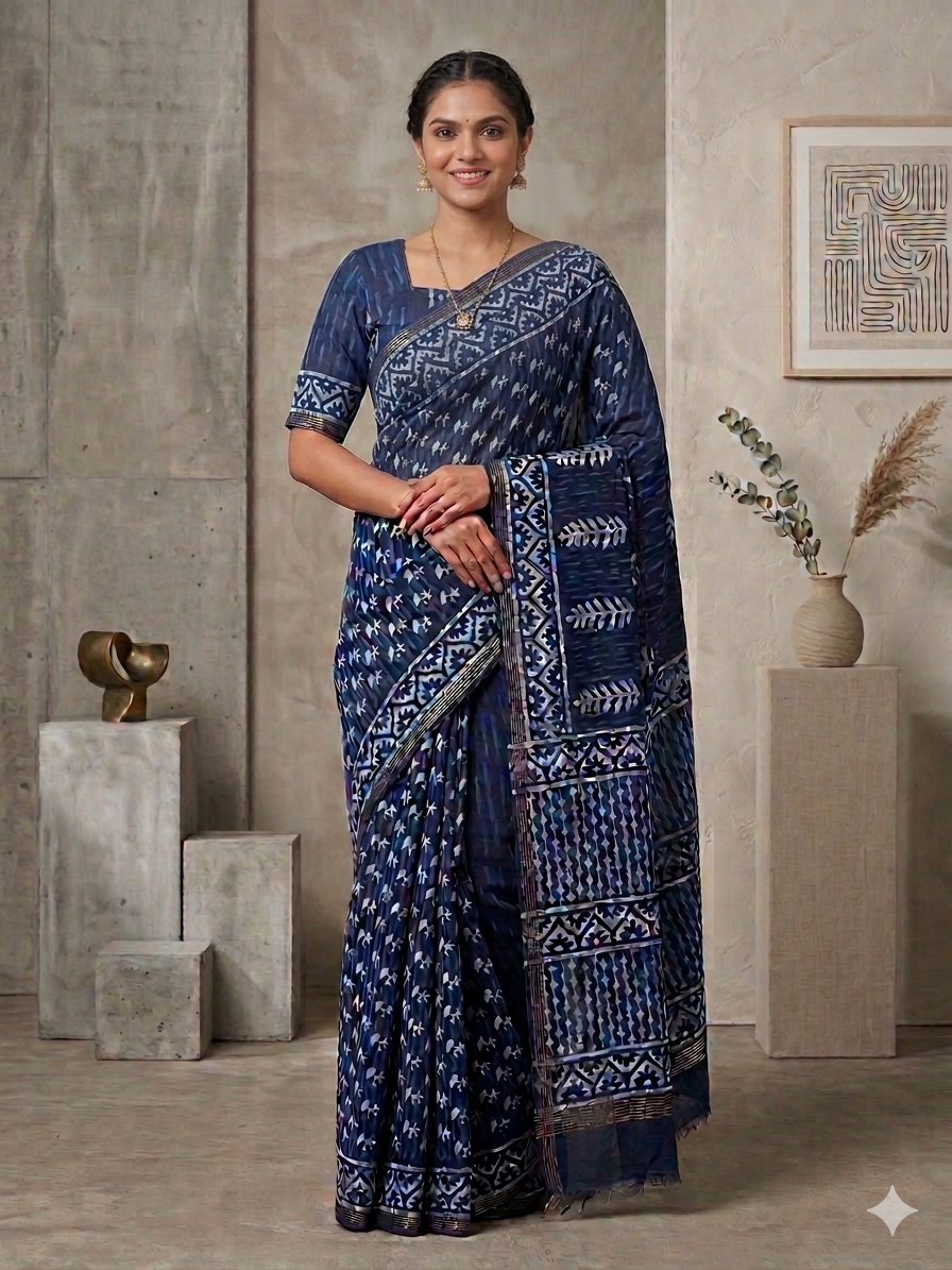 Indigo Handblock Cotton Saree