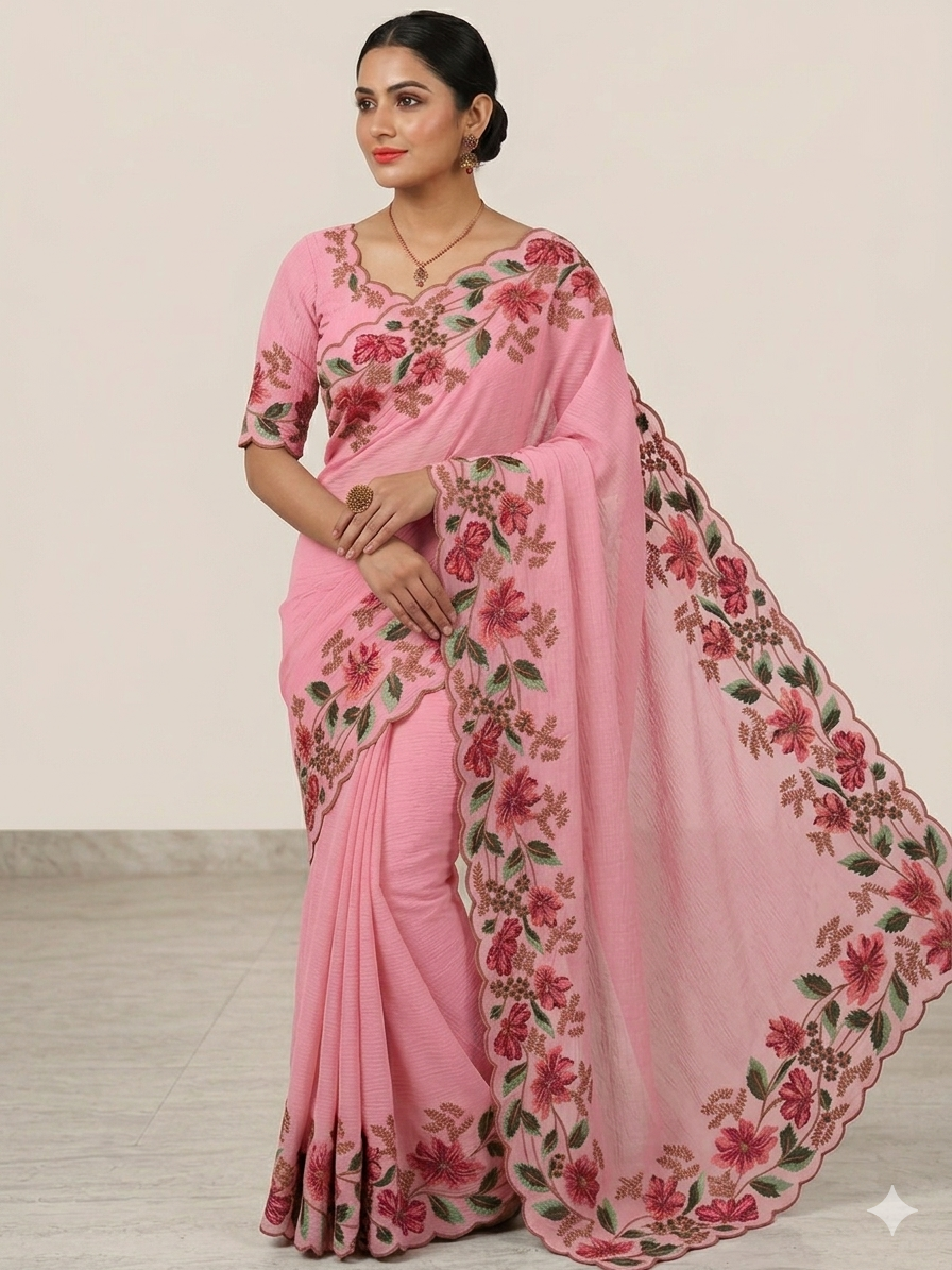 Pink Embroidered Designer Saree