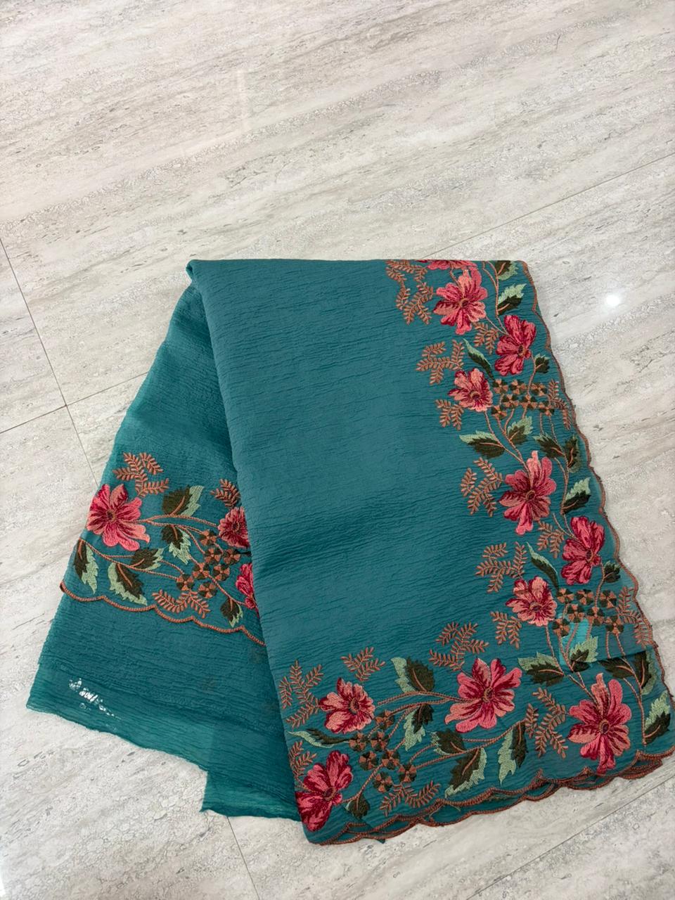 Teal Embroidered Designer Saree