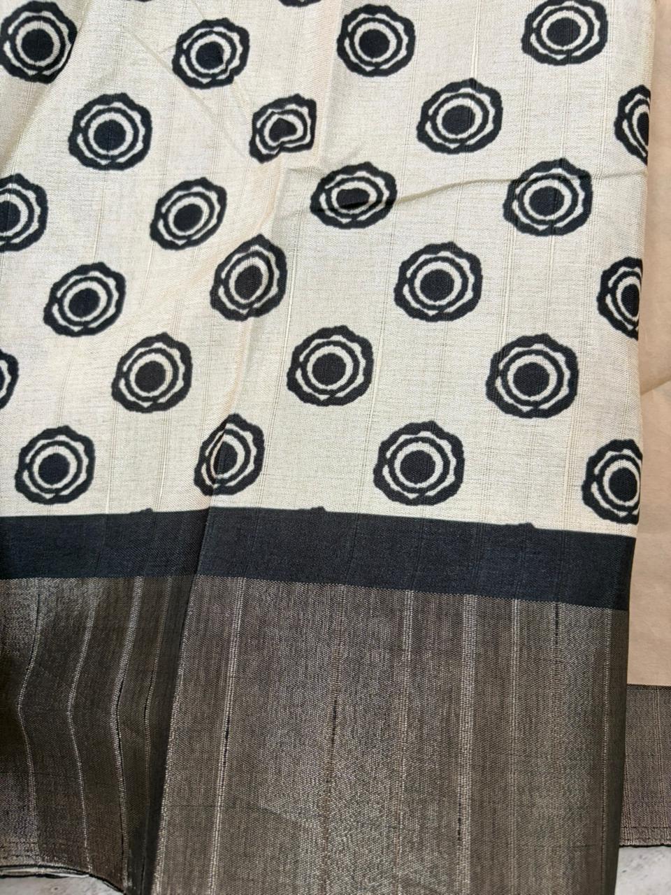 Cream Black Cotton Saree