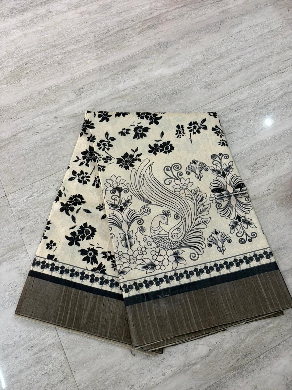 Cream Black Cotton Saree