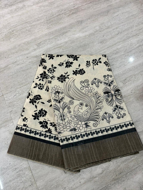 Cream Black Cotton Saree