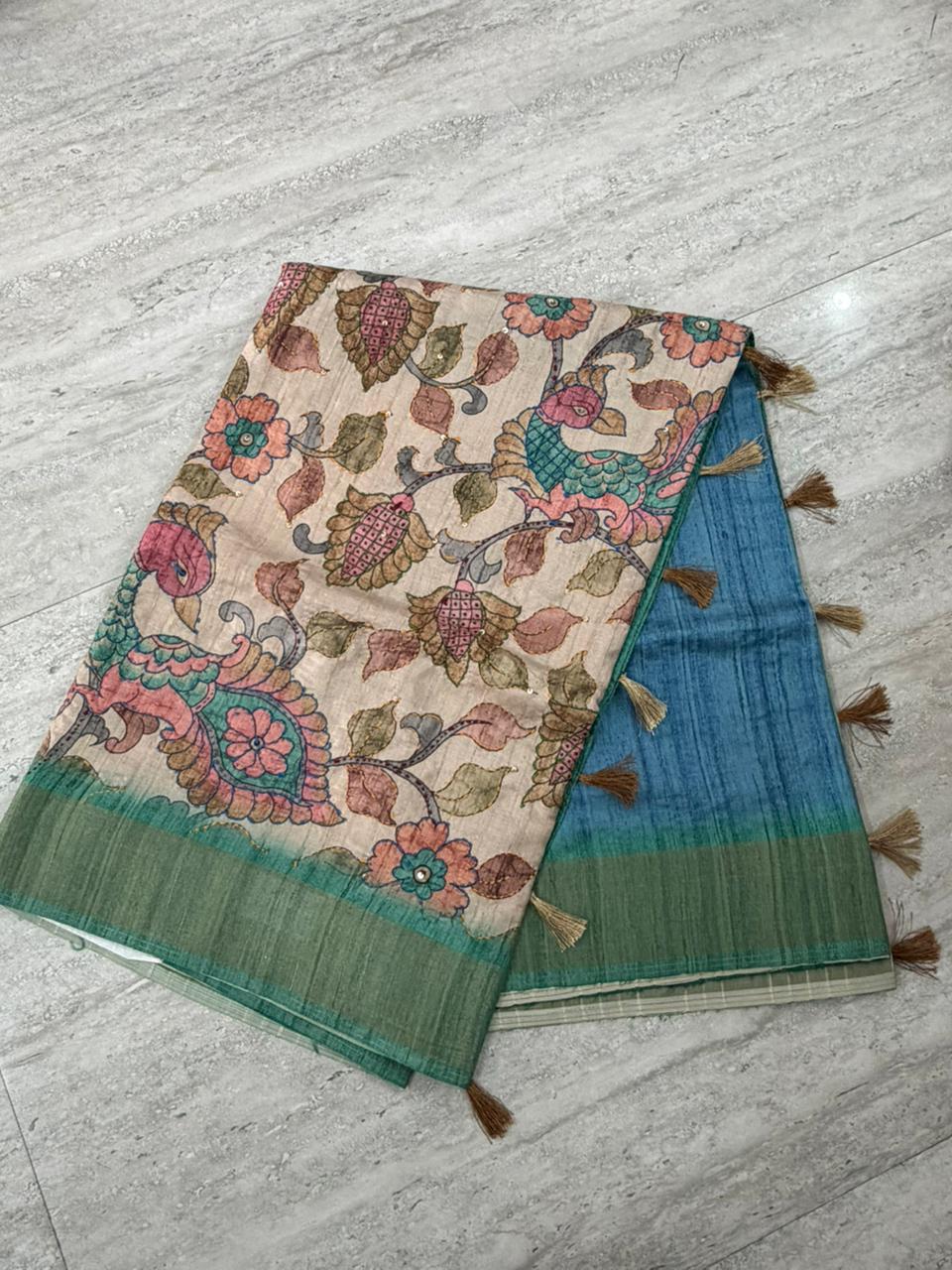 Beige Kalamkari Linen Saree